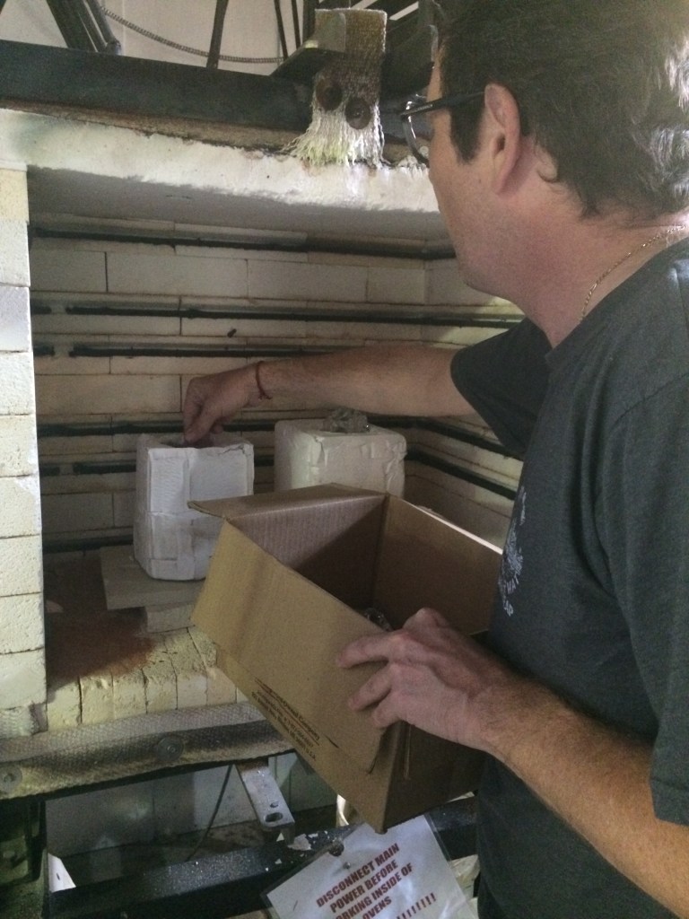 Next up, the molds were flipped and loaded with chunks of glass cullet.