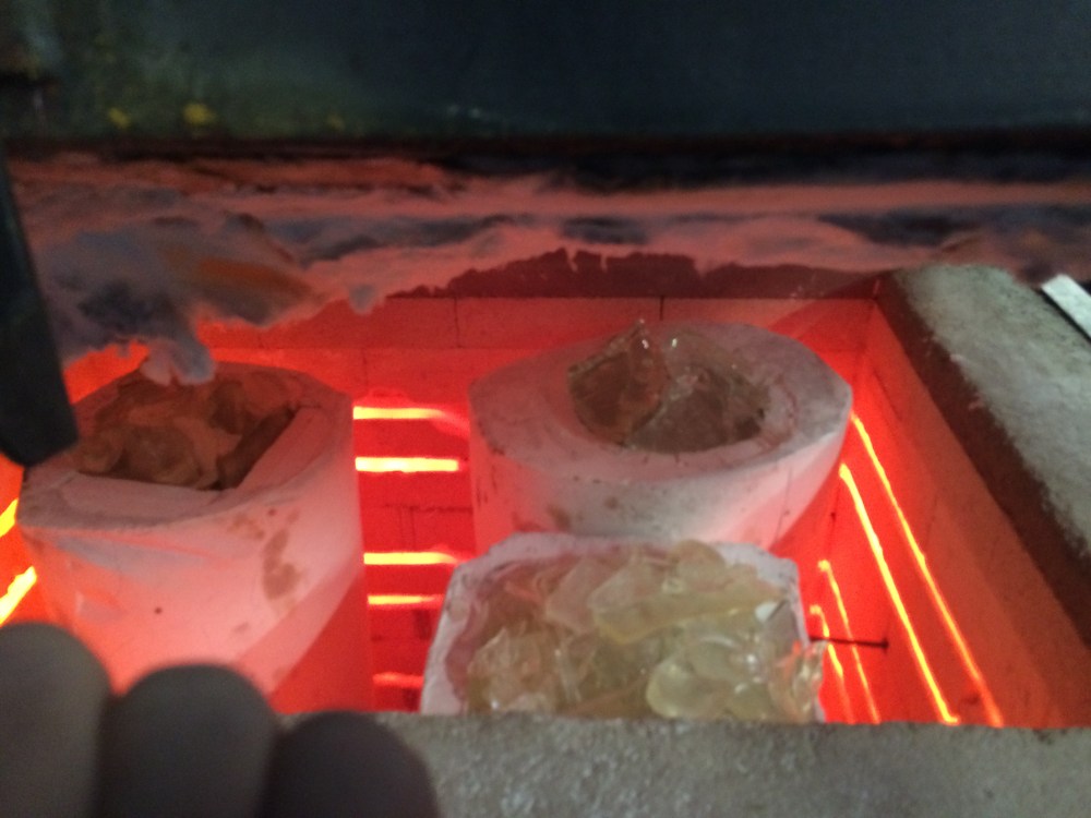 Because of the mass of the molds, they have to be slowly heated and cooled. It took another 12 hours or so to bring the molds back up and begin to melt the glass. 